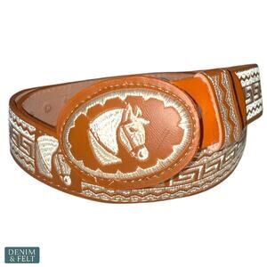 NEW Cinturones Moreno Leather Embroidered Horse Buckle Belt Cognac Western Rodeo